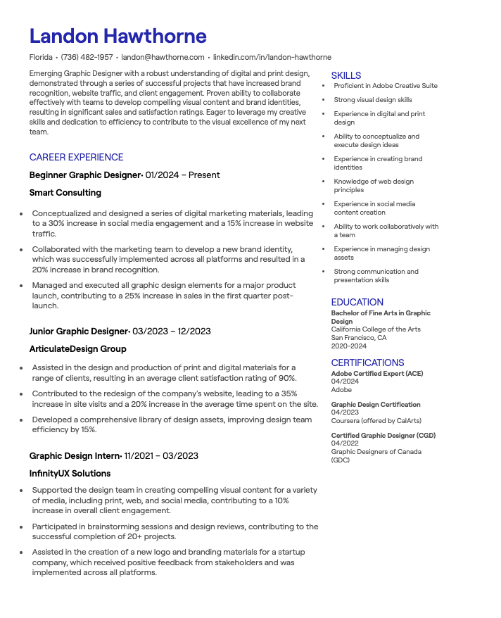 Beginner Graphic Designer CV example