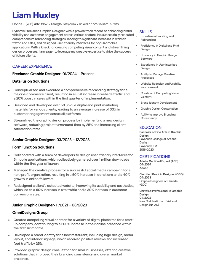 Freelance Graphic Designer CV example