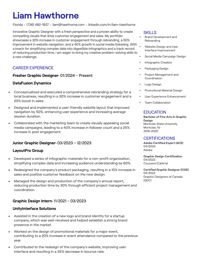 Fresher Graphic Designer CV example