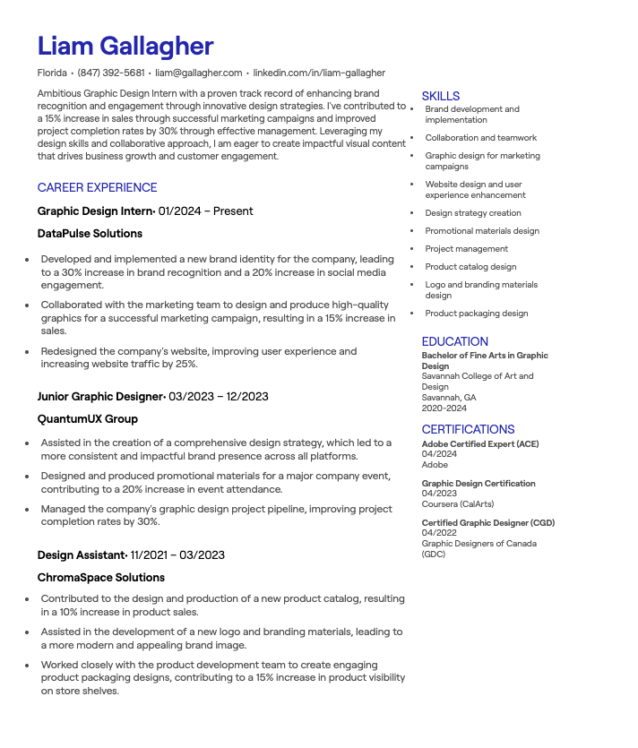 Graphic Design Intern CV example