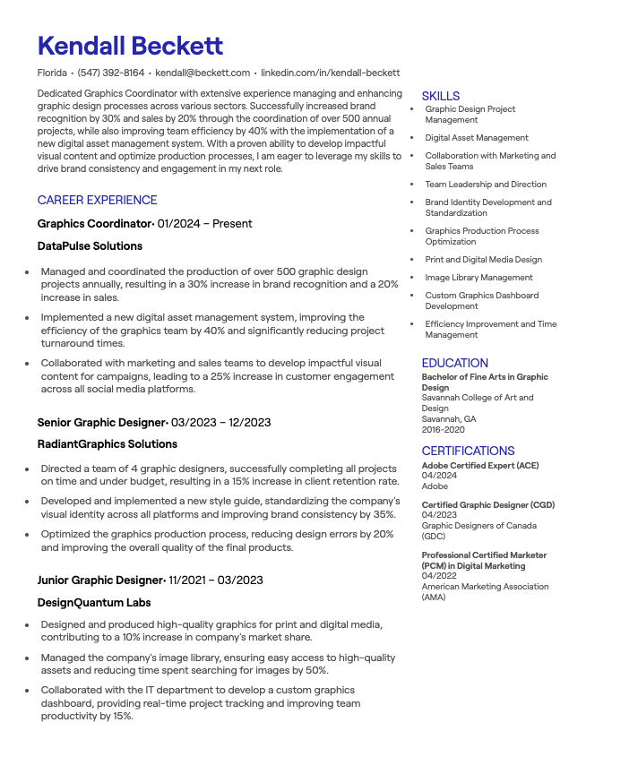 Graphics Coordinator CV example