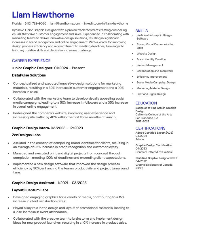 Junior Graphic Designer CV example