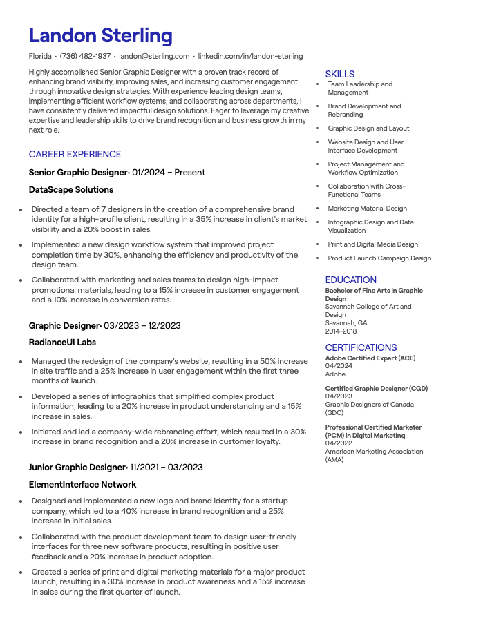 Senior Graphic Designer CV example